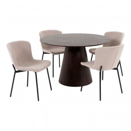 Jídelní set - stůl BOLTON tmavě hnědý a 4x židle MACEDA béžové bouclé